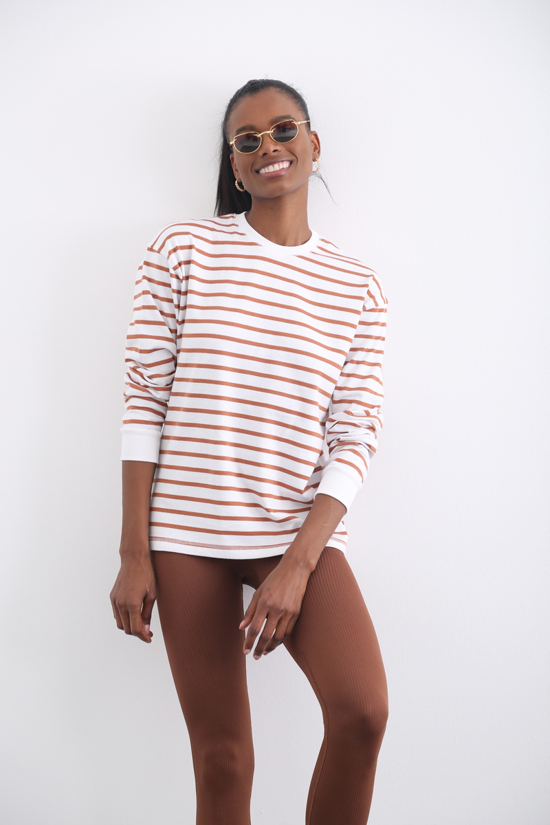 Camel Çizgili Sweatshirt 