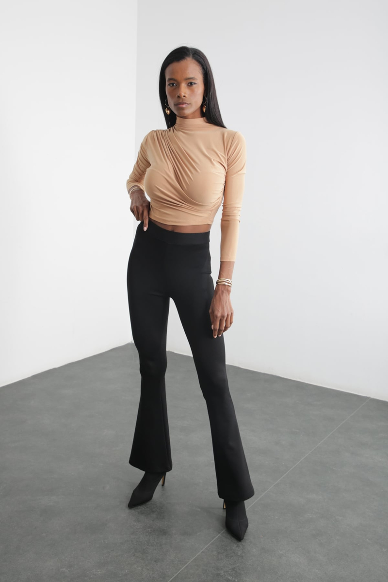 Camel Dik Yaka Drapeli Bluz 1005