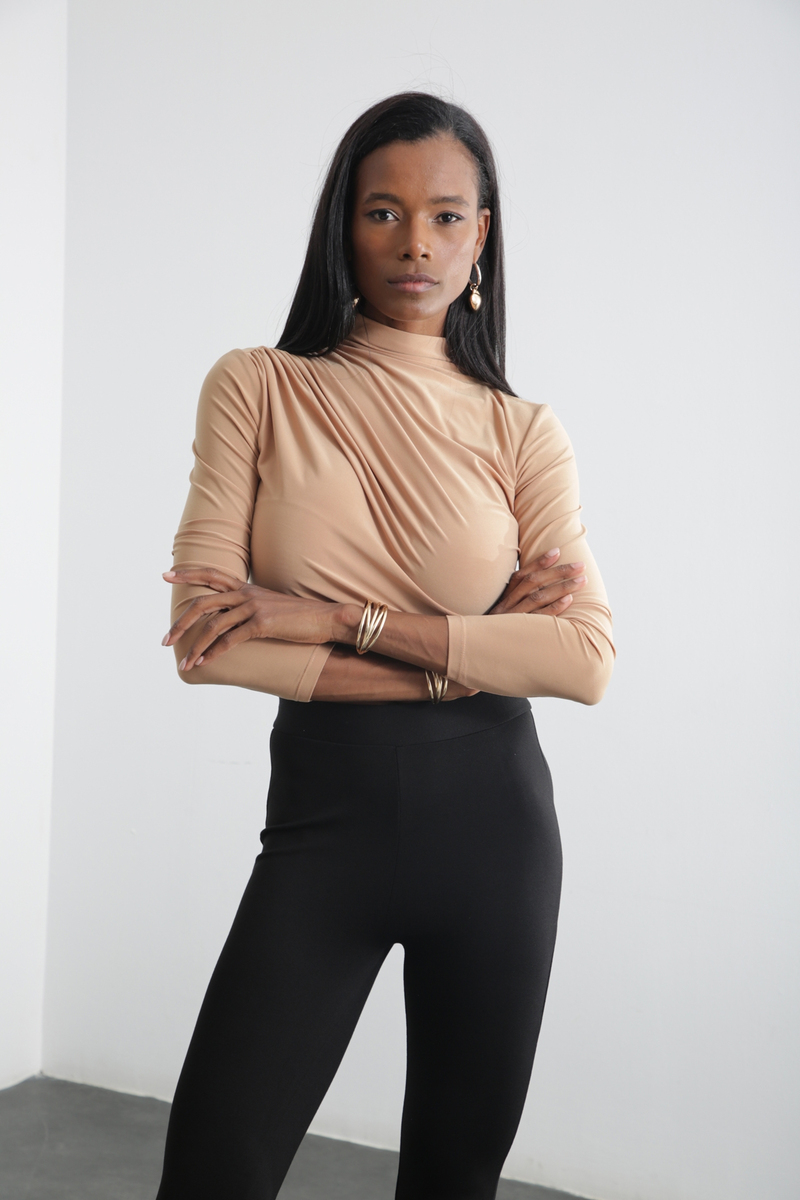 Camel Dik Yaka Drapeli Bluz 1005