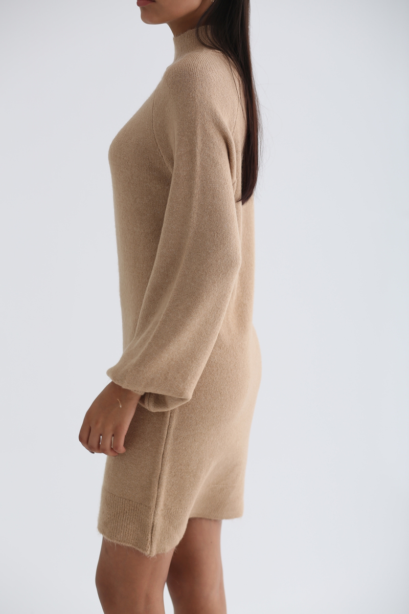 Camel Dik Yaka Triko Elbise 5596
