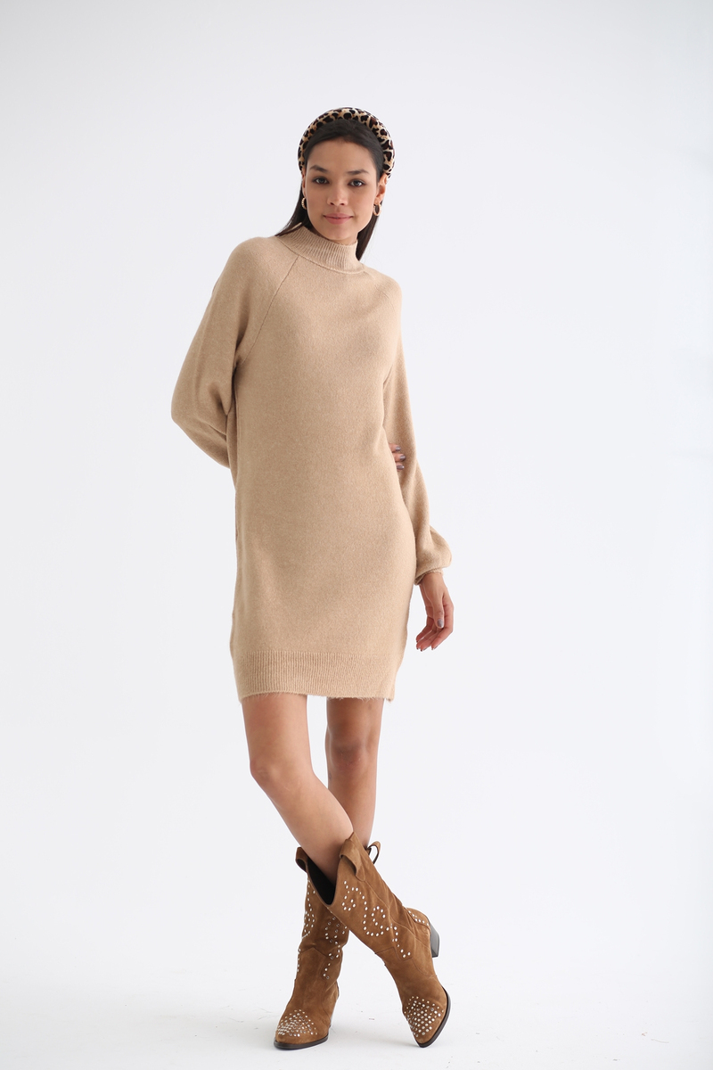 Camel Dik Yaka Triko Elbise 5596