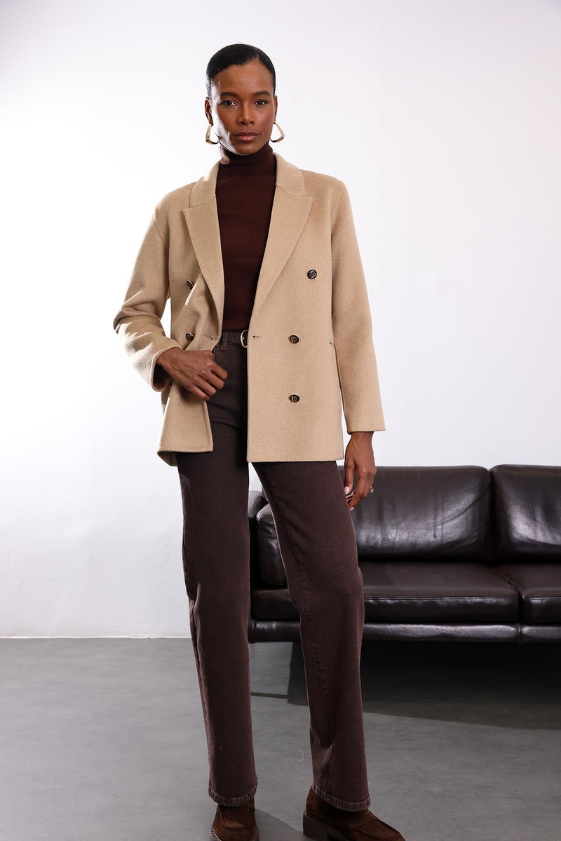 Camel Gold Düğme Detaylı Premium Yün Ceket 