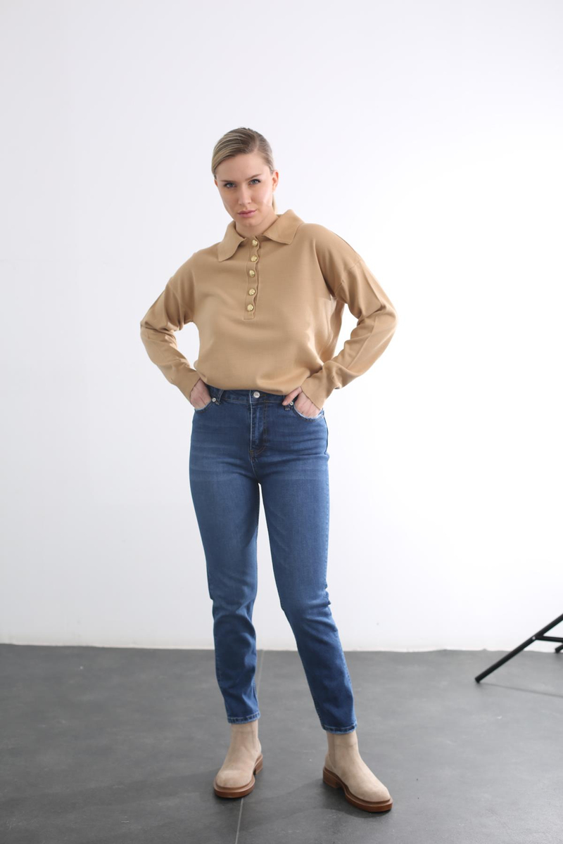 Camel Gold Düğmeli Polo Yaka Kazak 05100