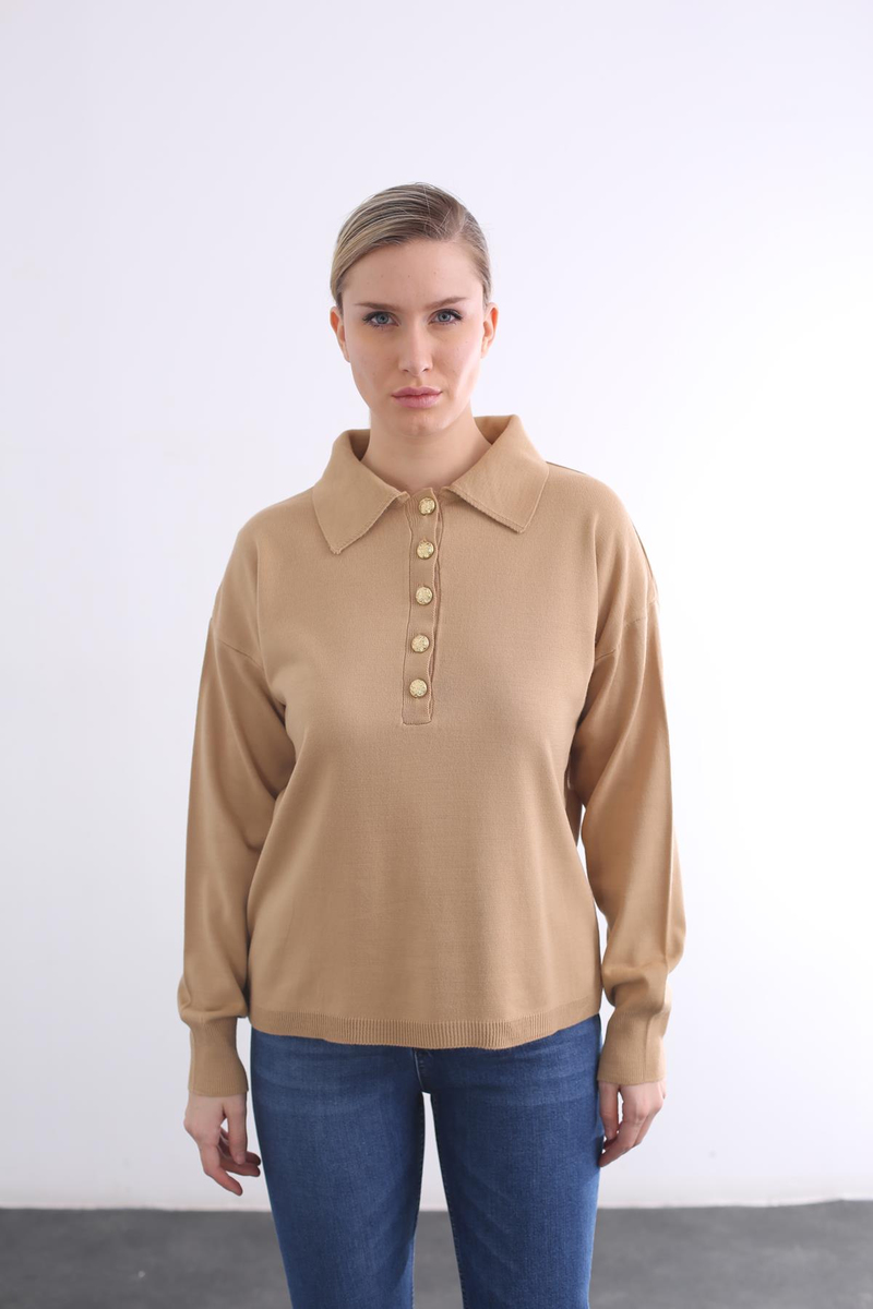 Camel Gold Düğmeli Polo Yaka Kazak 05100