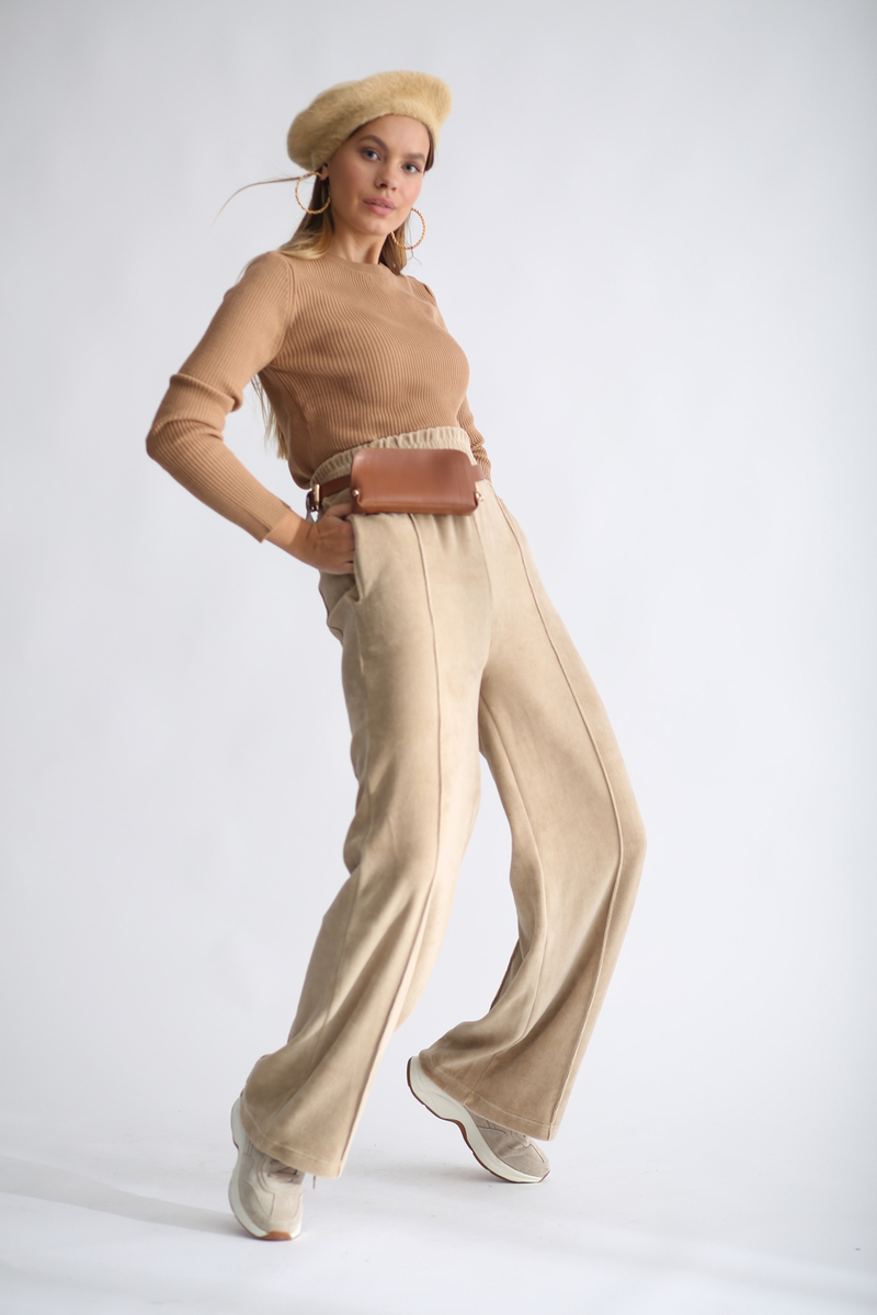 Camel Havlu Kadife Geniş Paça Pantolon 33078