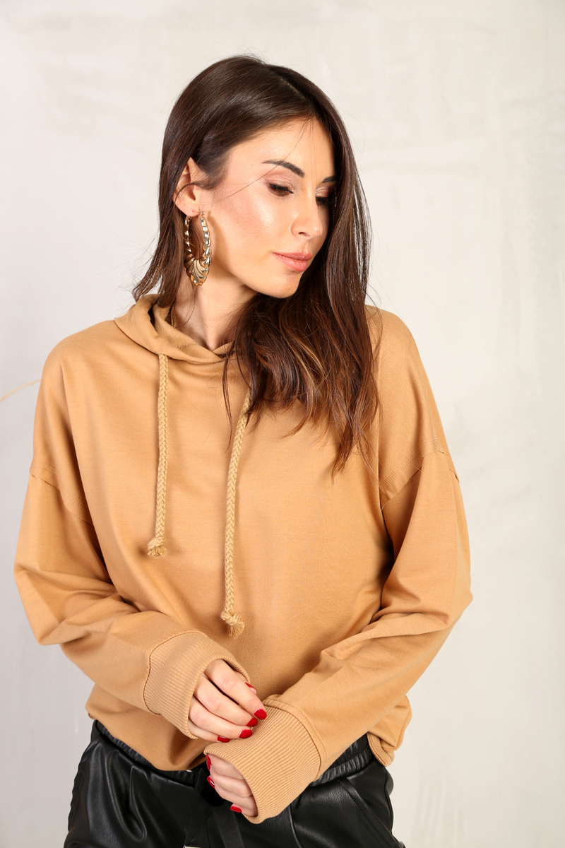 Camel Kapşonlu İnce Sweatshirt