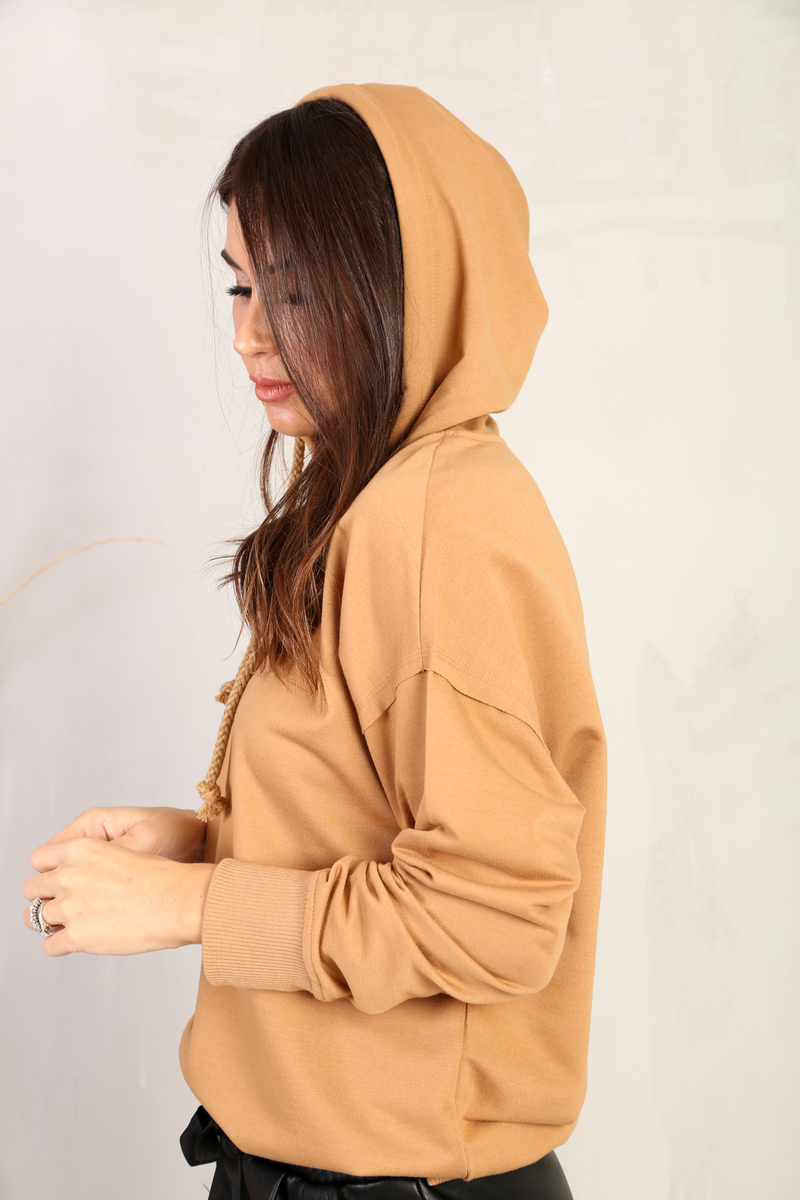 Camel Kapşonlu İnce Sweatshirt