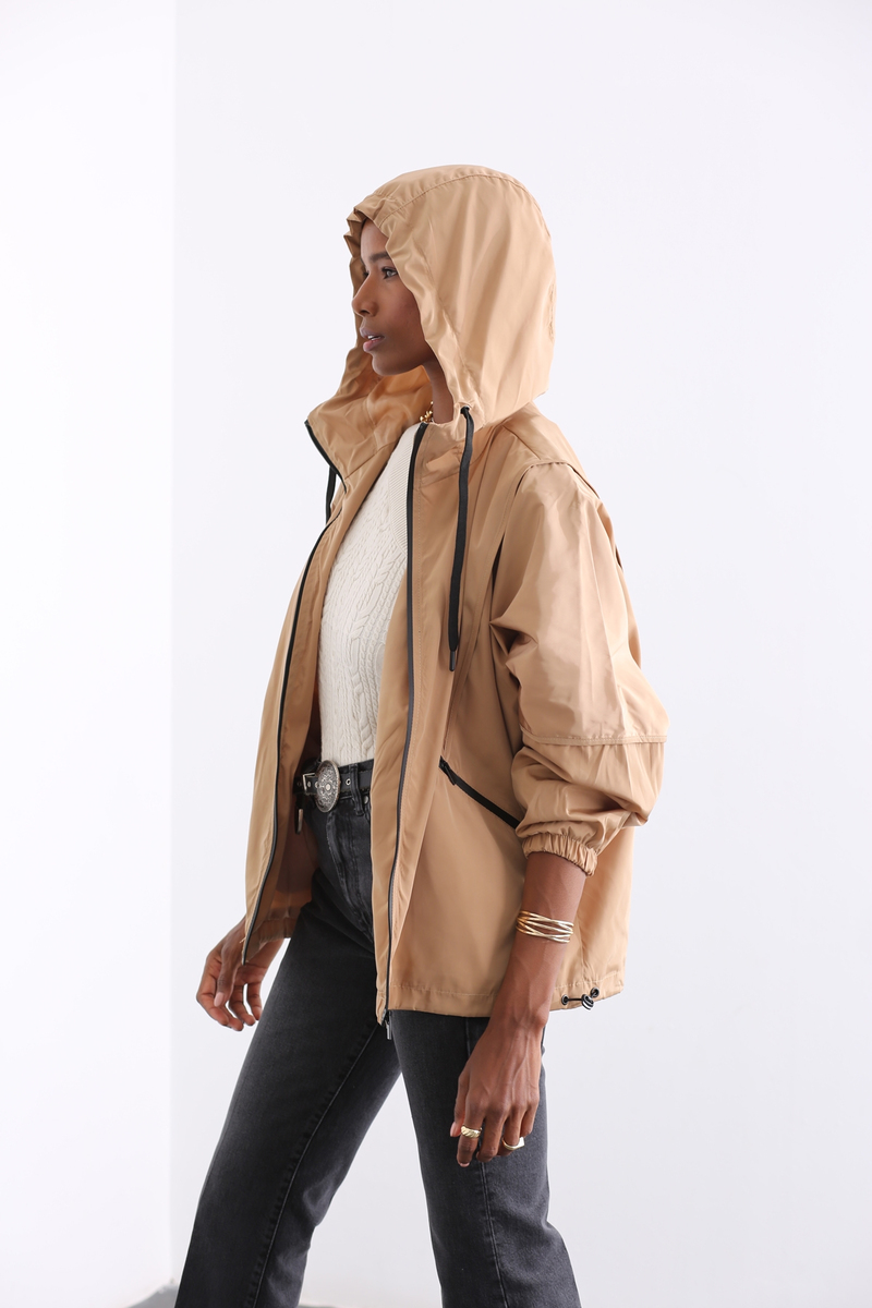 Camel Kapüşonlu Cepli Yağmurluk D89588