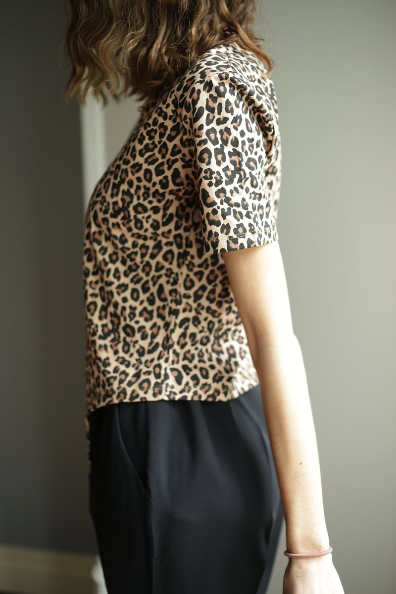 Camel Leopar Desen Bağlamalı Tshirt 4714