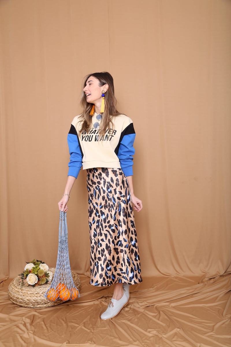 Camel Leopar Desen Volanlı Saten Etek