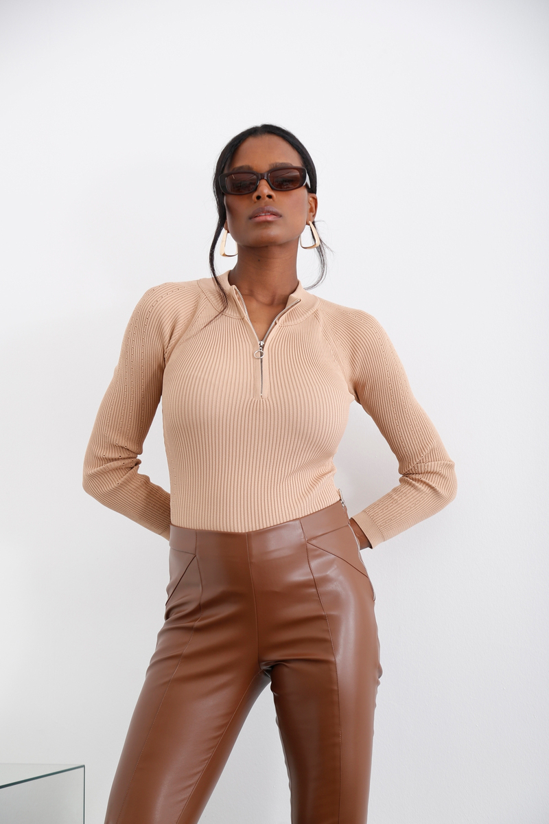 Camel Önü Fermuarlı Fitilli Triko 295