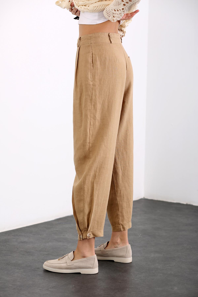 Camel Paçası Düğmeli Keten Pantolon 1465