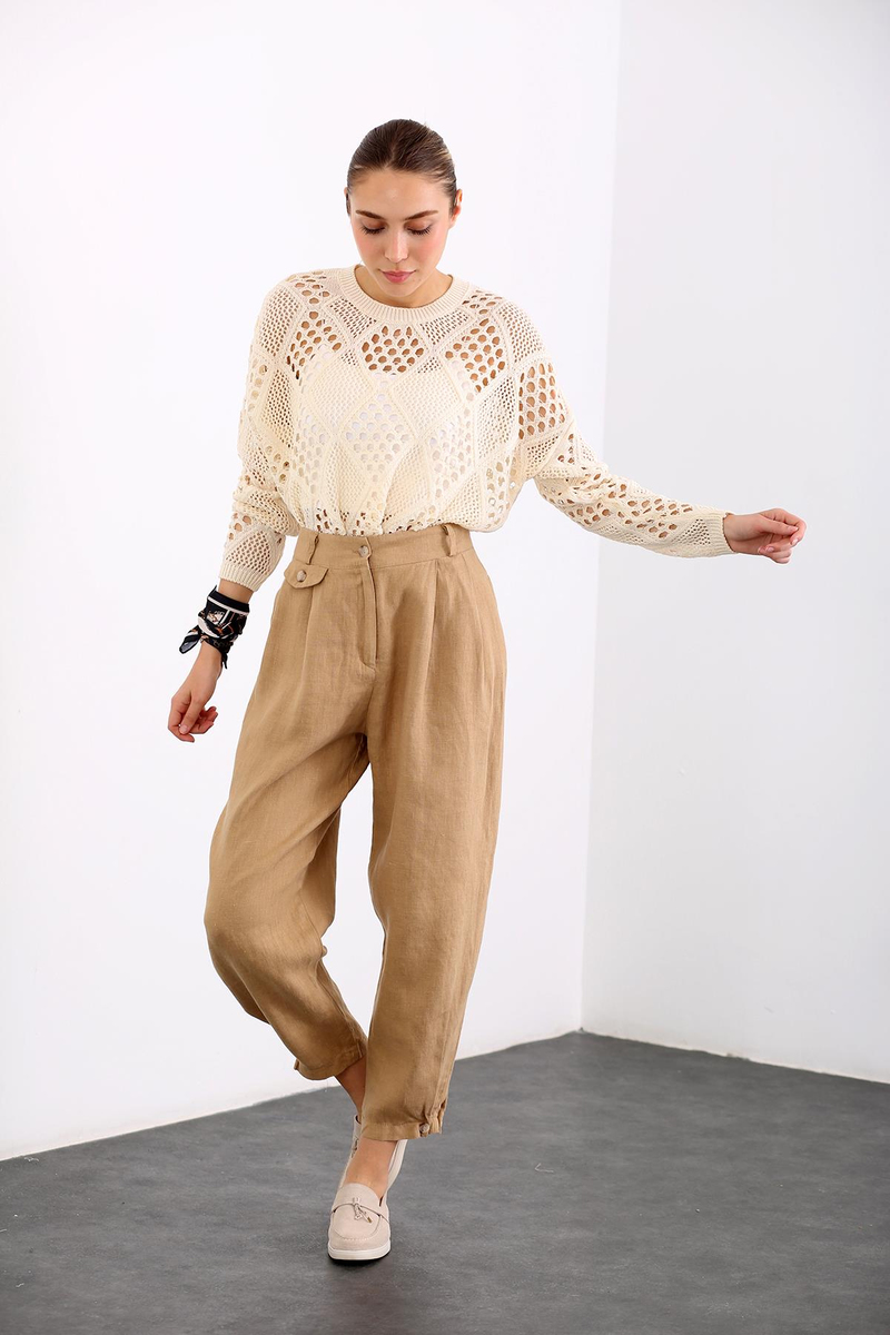Camel Paçası Düğmeli Keten Pantolon 1465