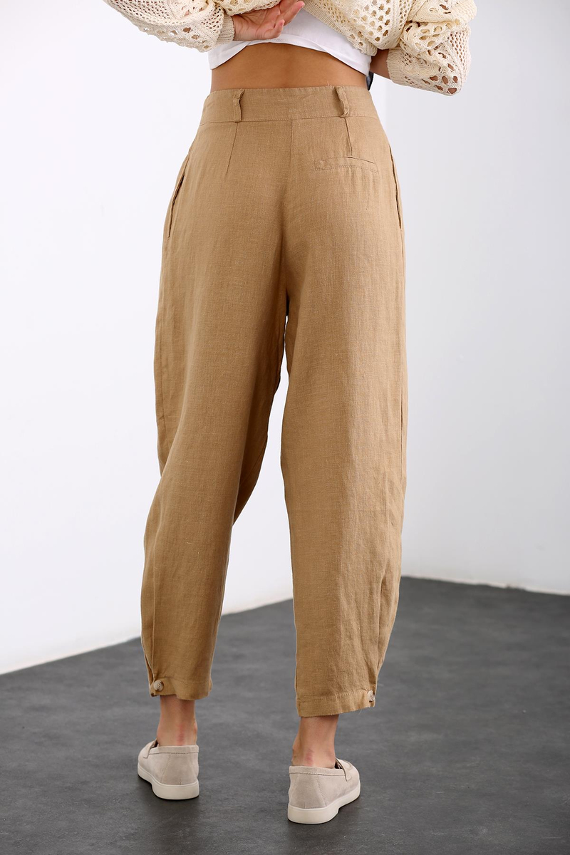 Camel Paçası Düğmeli Keten Pantolon 1465