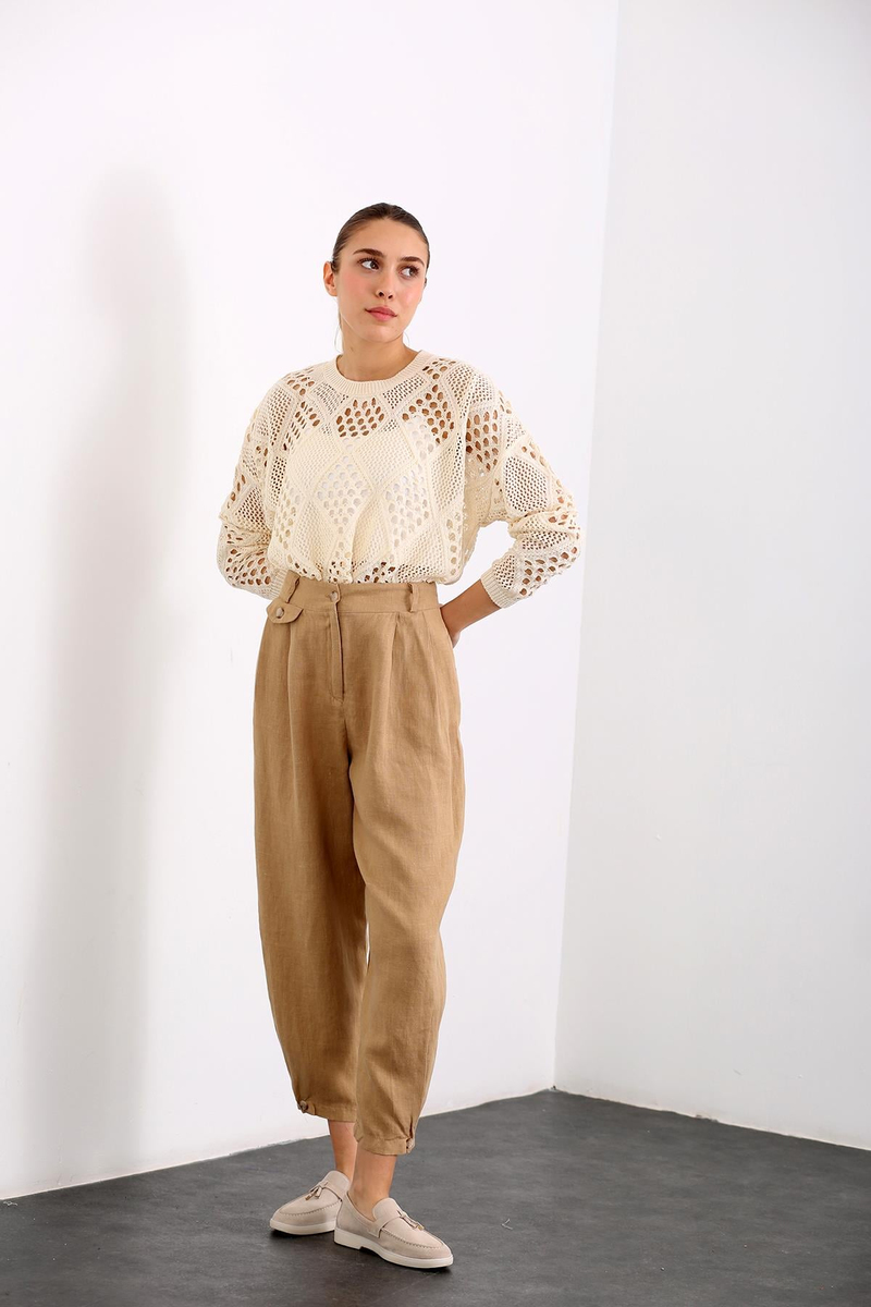 Camel Paçası Düğmeli Keten Pantolon 1465