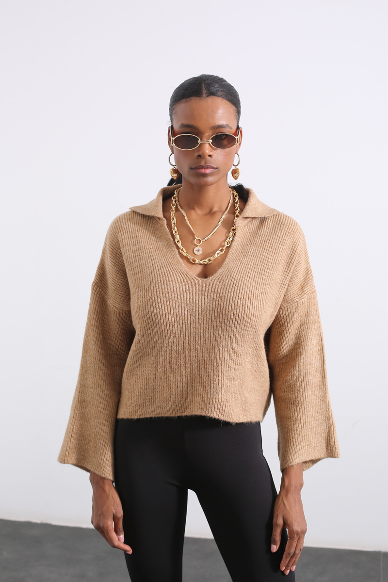 Camel Polo Yaka Kısa Kazak 3062