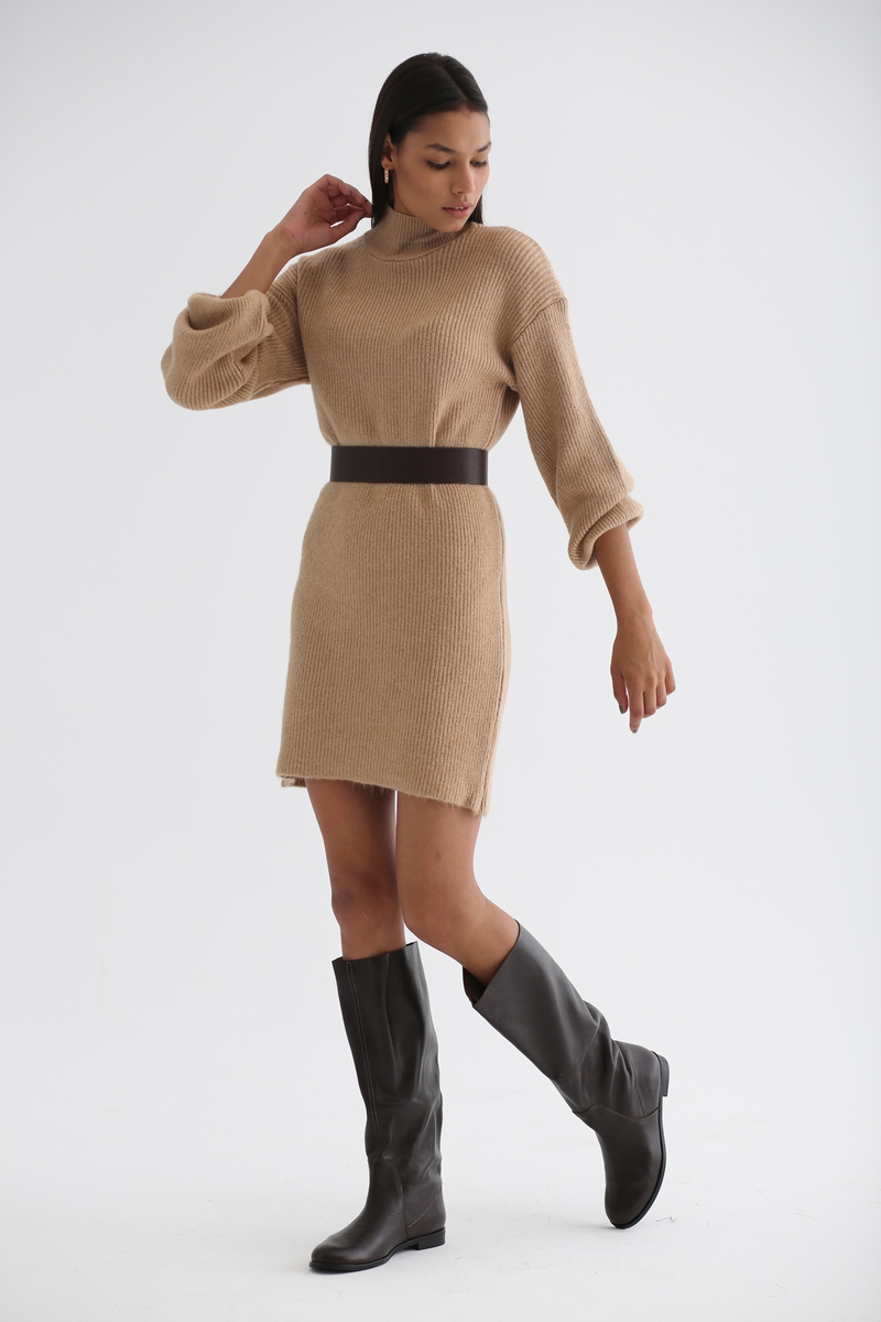 Camel Selanik Örgü Triko Elbise 5669