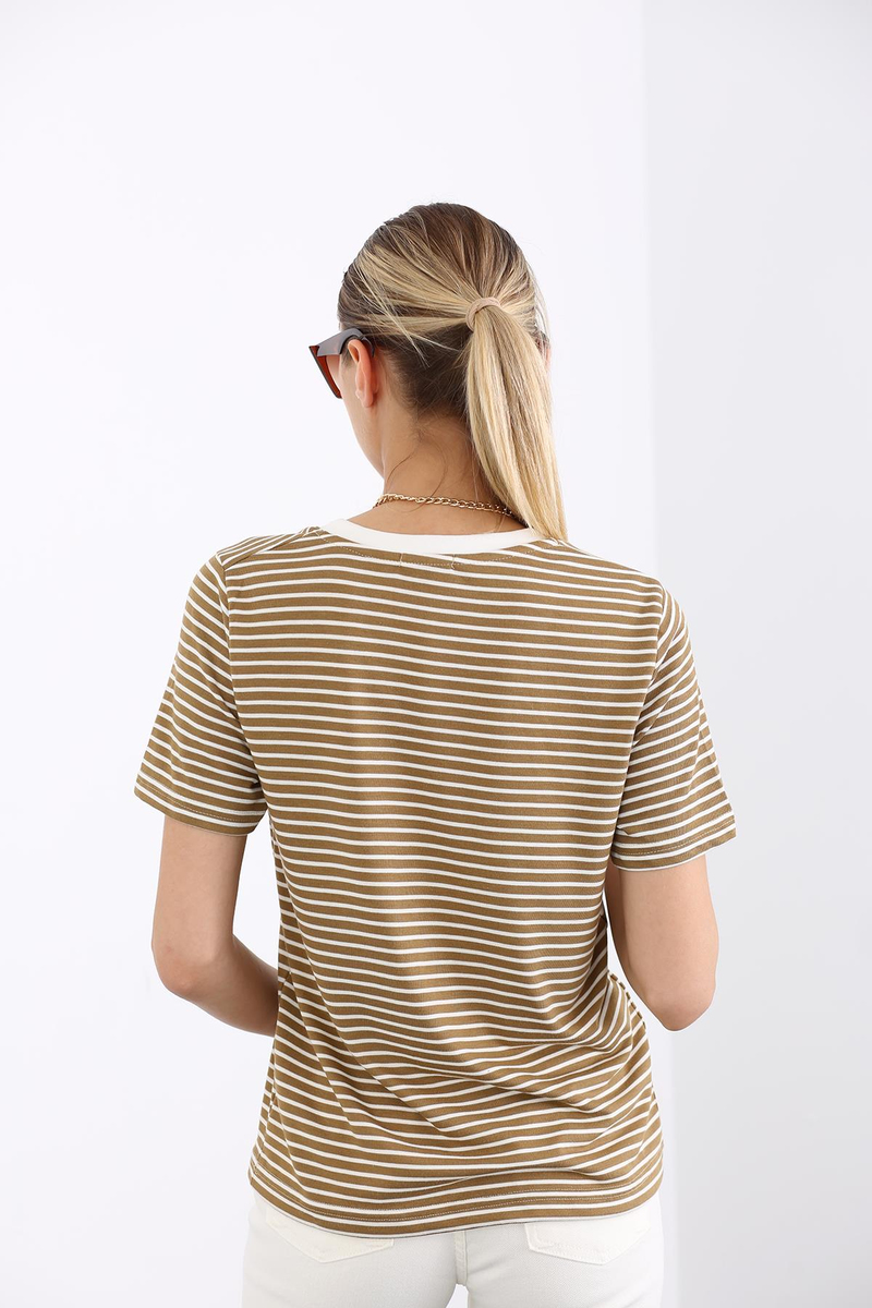 Camel V Yaka Çizgili Tshirt 