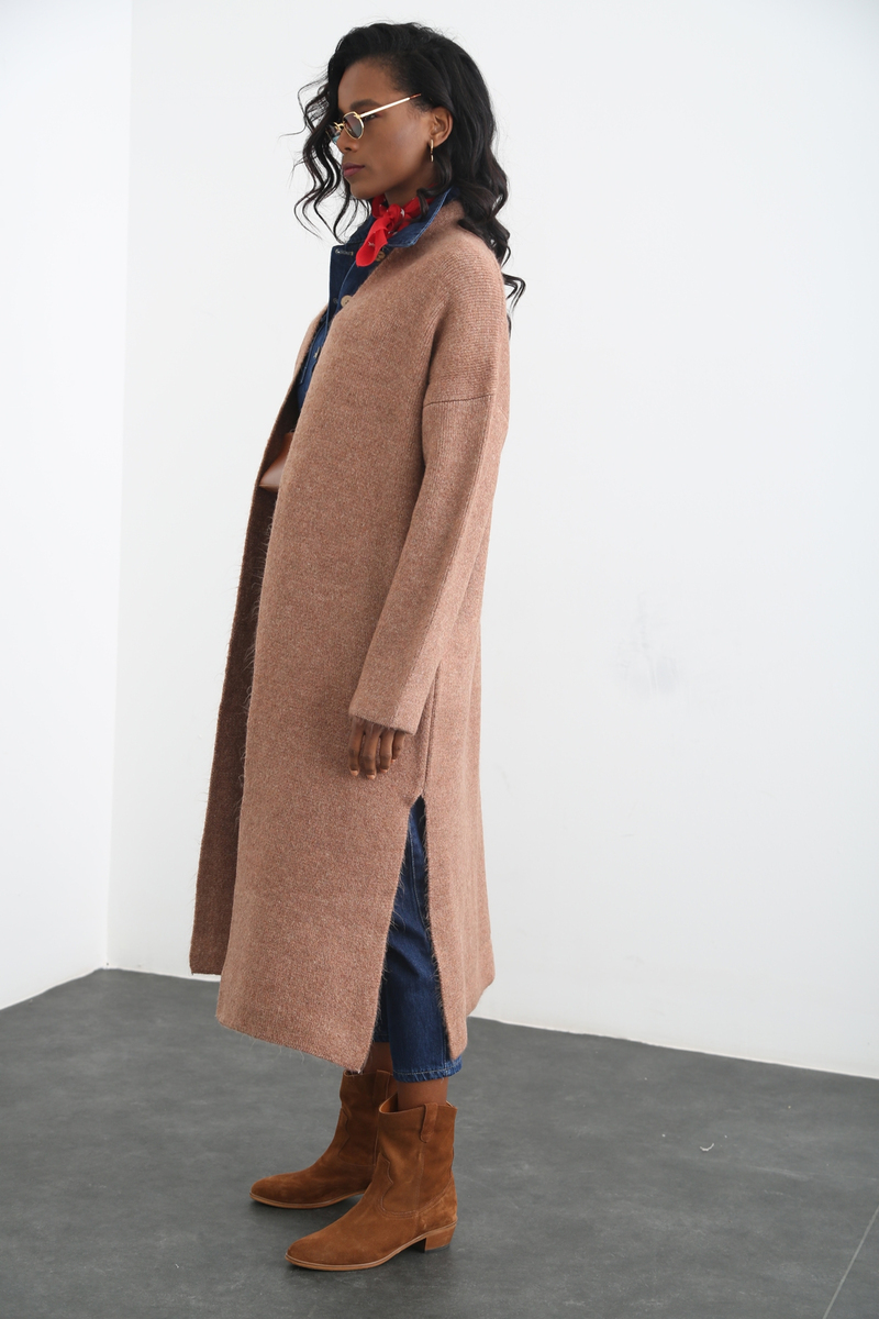 Camel Yırtmaçlı Uzun Hırka 5646