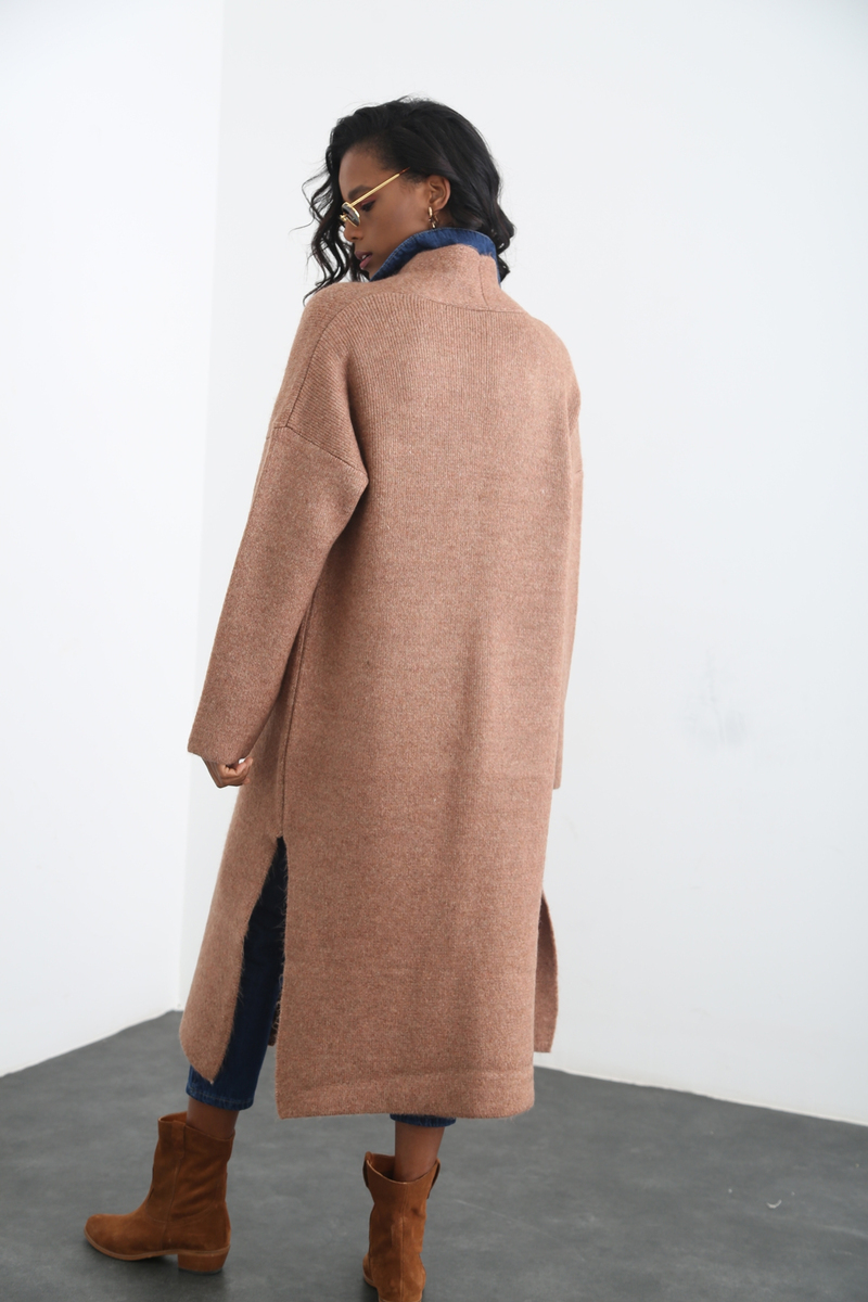 Camel Yırtmaçlı Uzun Hırka 5646