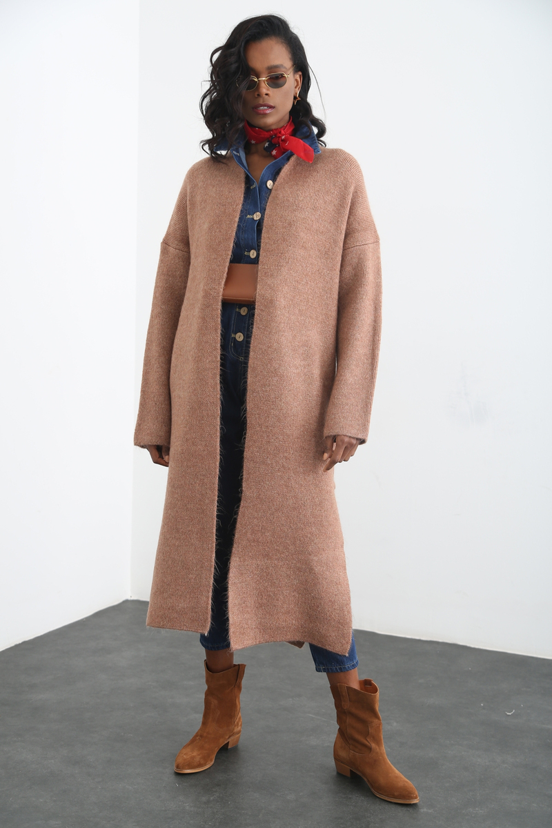 Camel Yırtmaçlı Uzun Hırka 5646