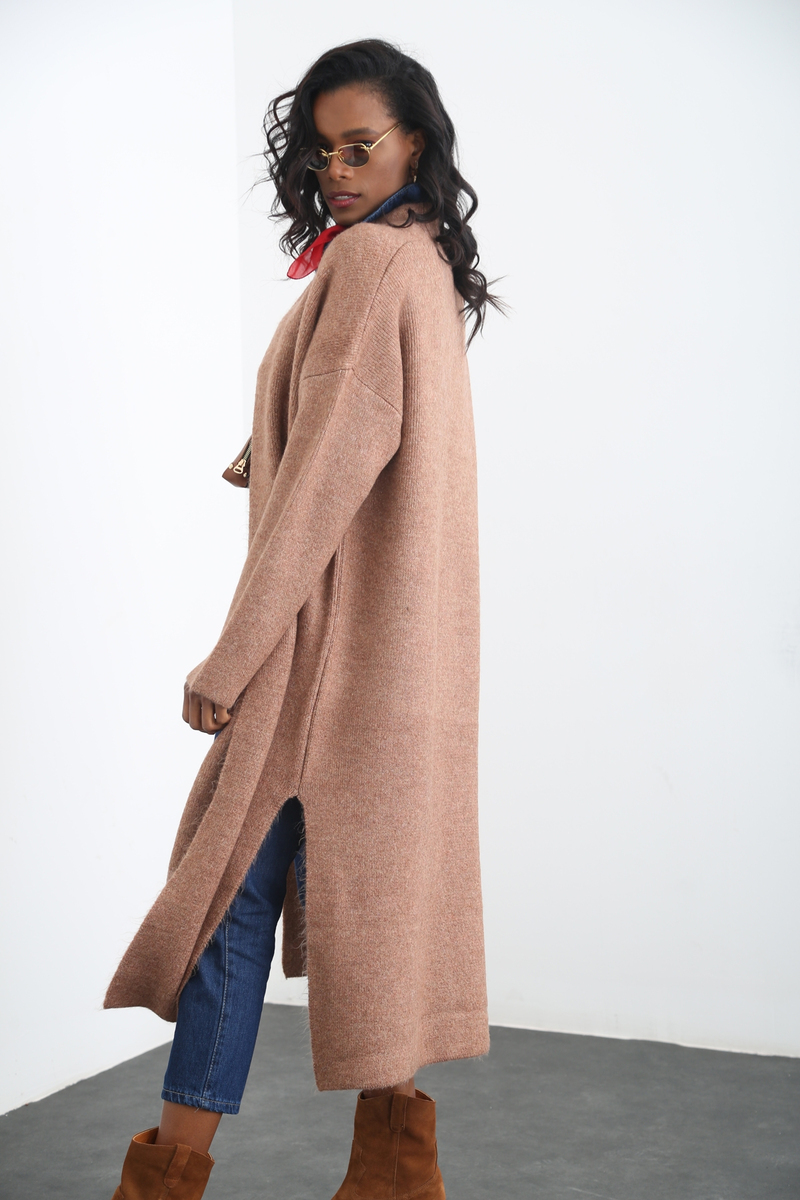 Camel Yırtmaçlı Uzun Hırka 5646