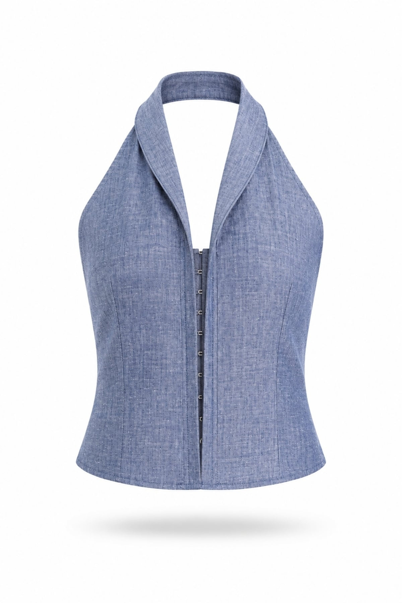 Denim Mavi Brigitte Dik Yaka Yelek 