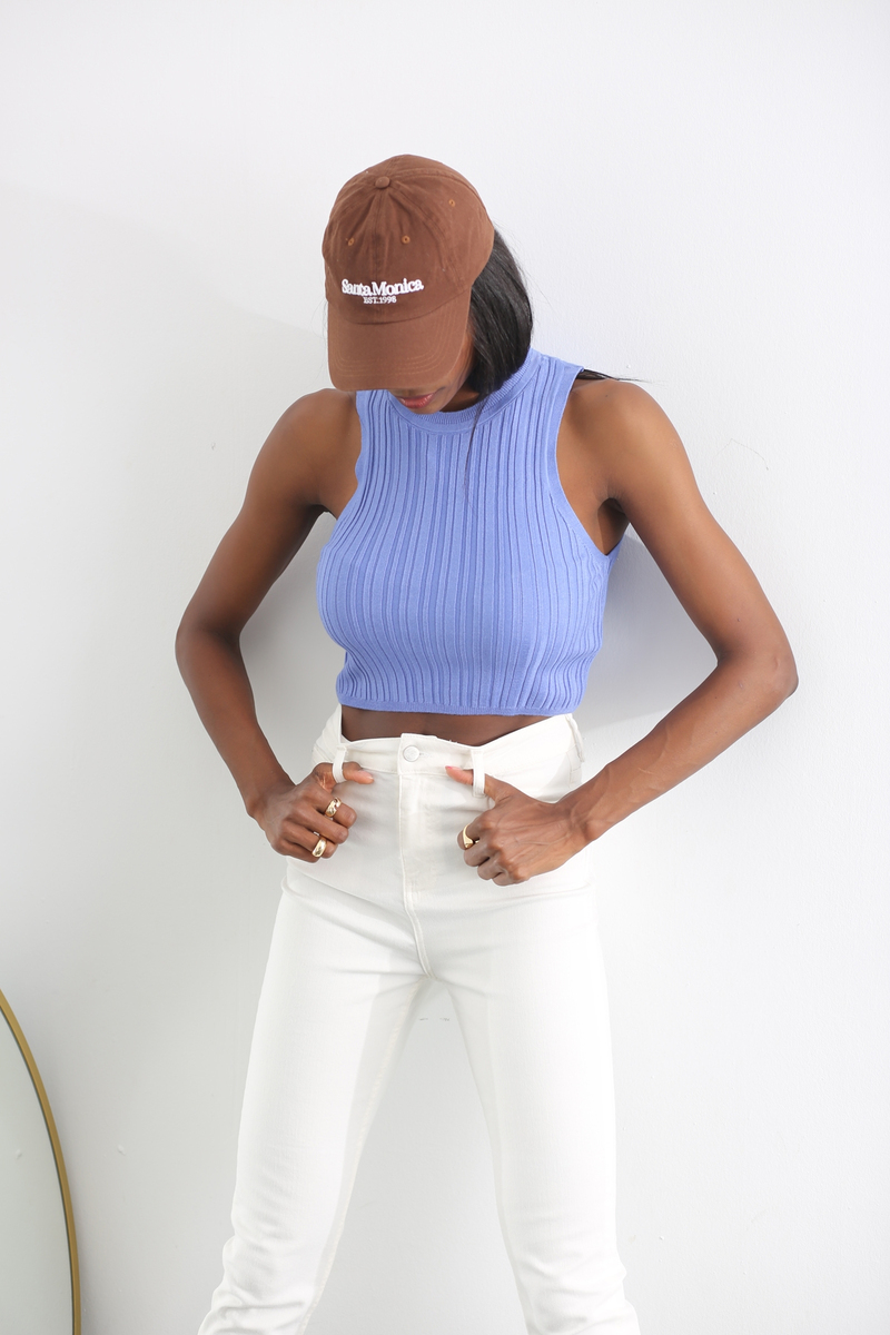 Eflatun Fitilli Triko Crop 