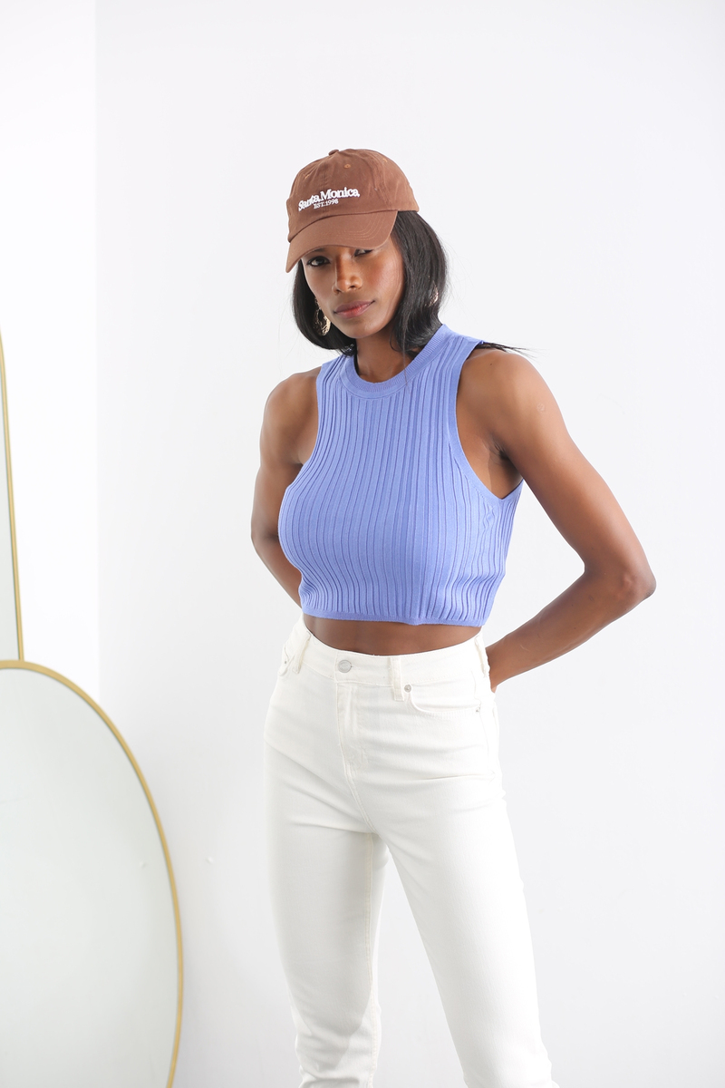 Eflatun Fitilli Triko Crop 
