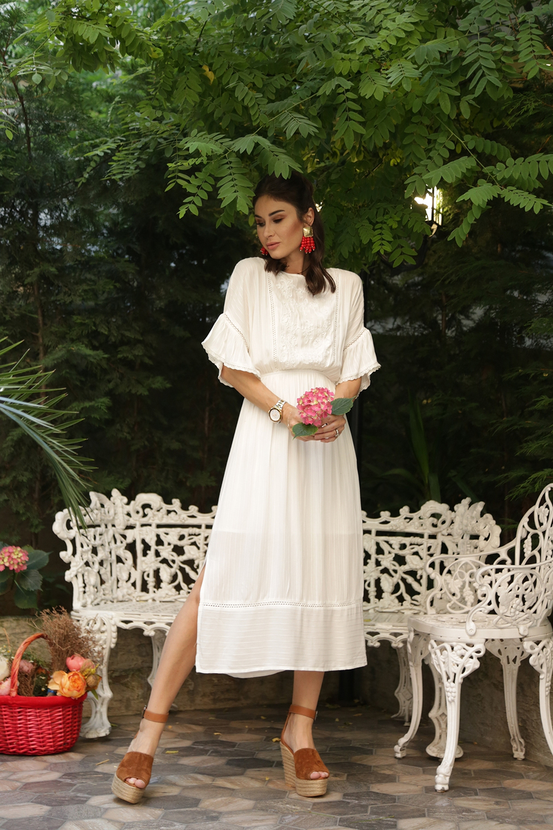 Ekru Astarlı Boncuk İşlemeli Elbise D86151