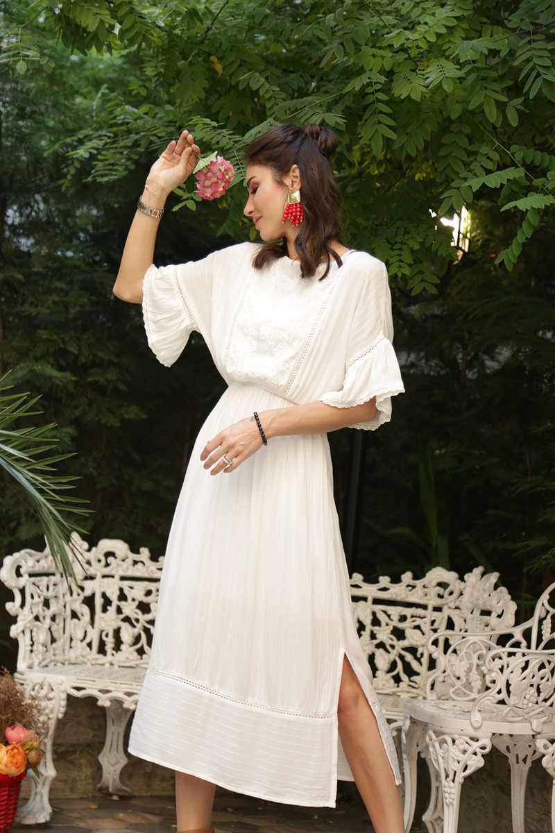 Ekru Astarlı Boncuk İşlemeli Elbise D86151