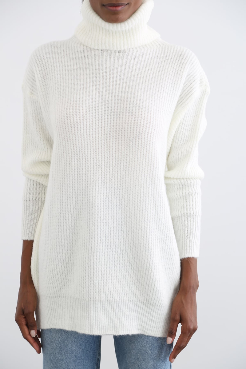 Ekru Balıkçı Yaka Oversize Triko 17007