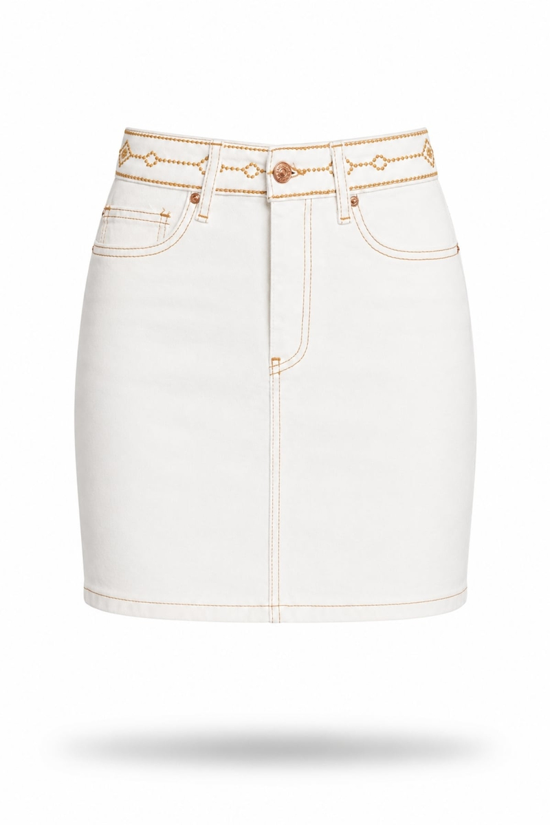 Ekru Bel Kısmı Desenli Denim Etek 1040