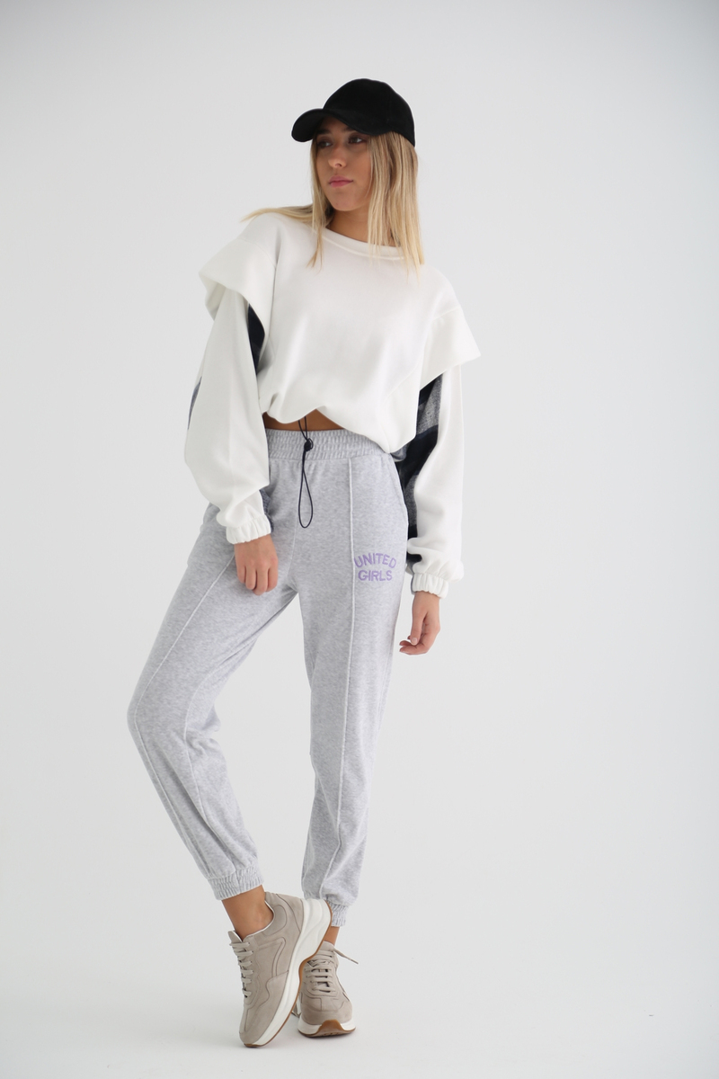 Ekru Beli Büzgülü Şardonlu Ekoseli Sweatshirt 7327