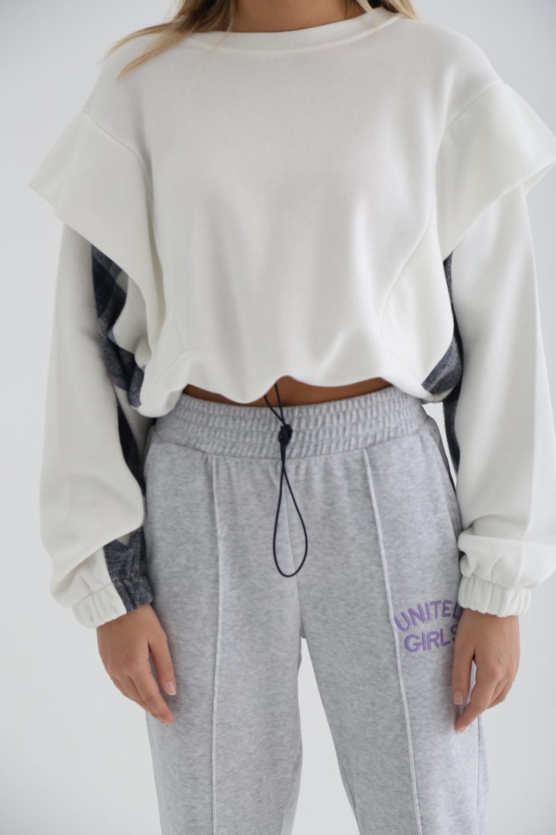 Ekru Beli Büzgülü Şardonlu Ekoseli Sweatshirt 7327