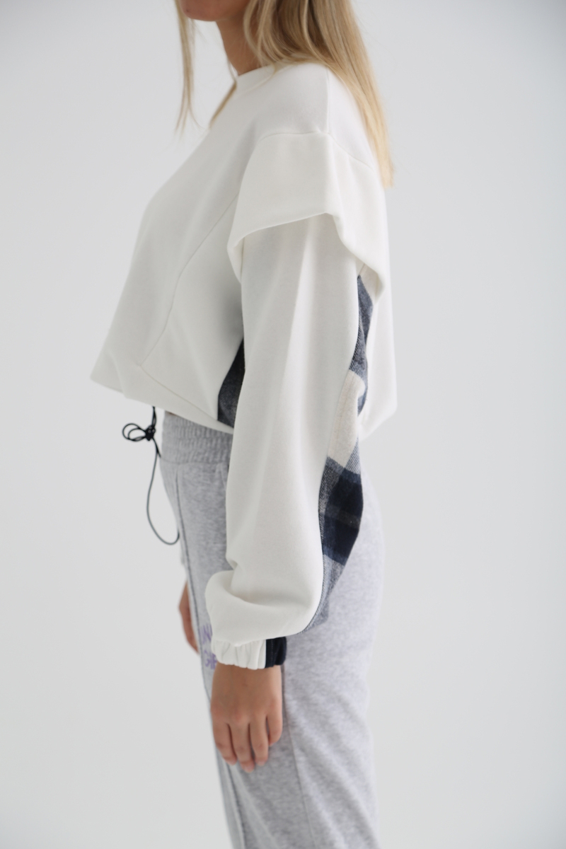 Ekru Beli Büzgülü Şardonlu Ekoseli Sweatshirt 7327