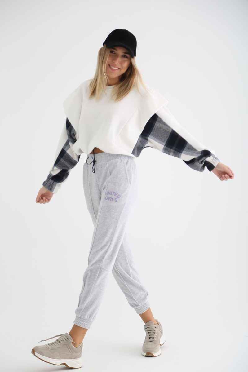 Ekru Beli Büzgülü Şardonlu Ekoseli Sweatshirt 7327