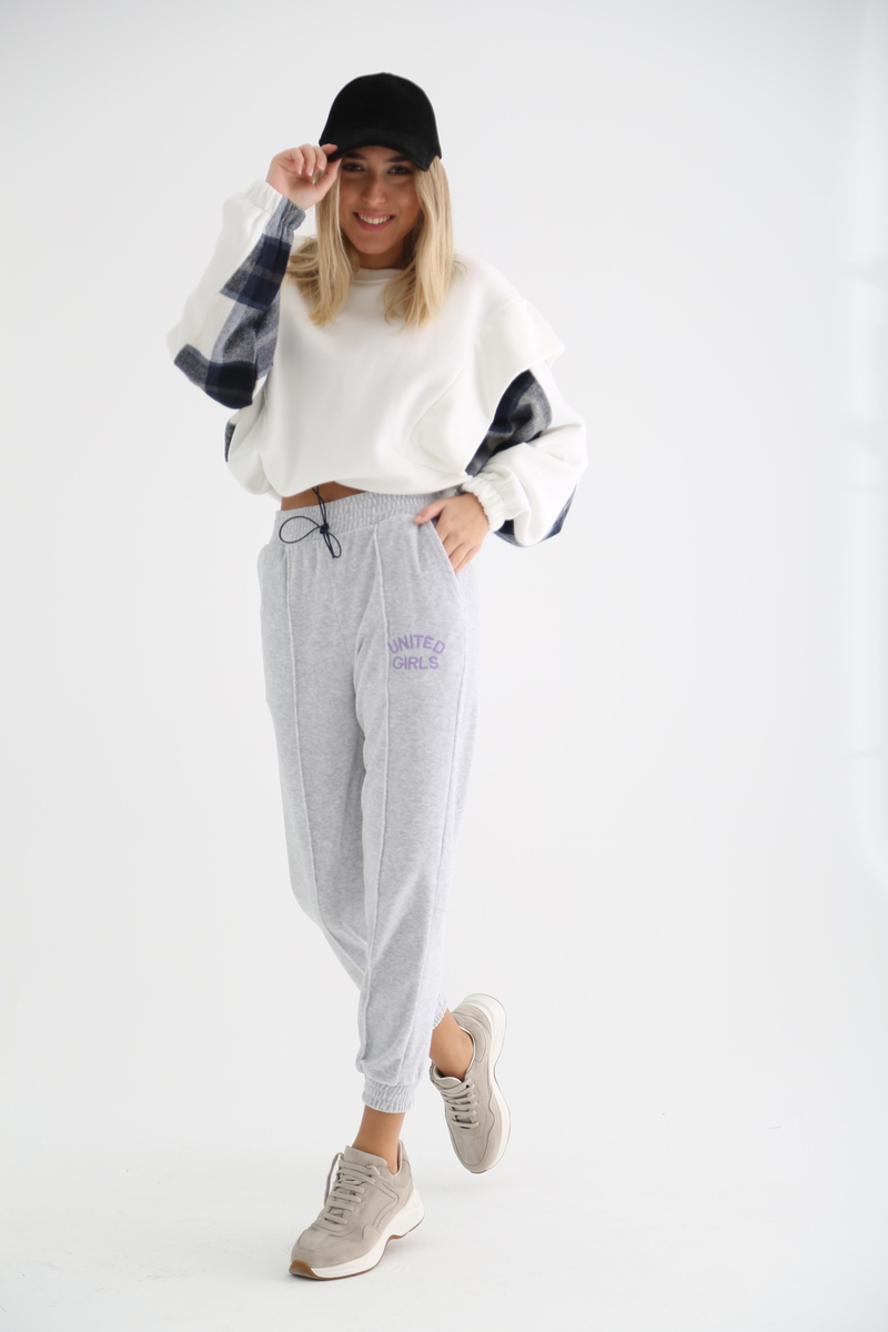 Ekru Beli Büzgülü Şardonlu Ekoseli Sweatshirt 7327