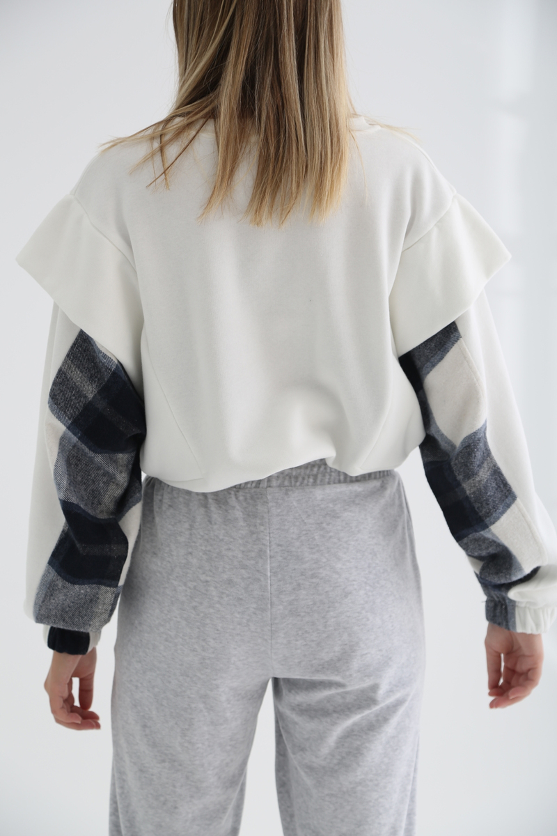 Ekru Beli Büzgülü Şardonlu Ekoseli Sweatshirt 7327