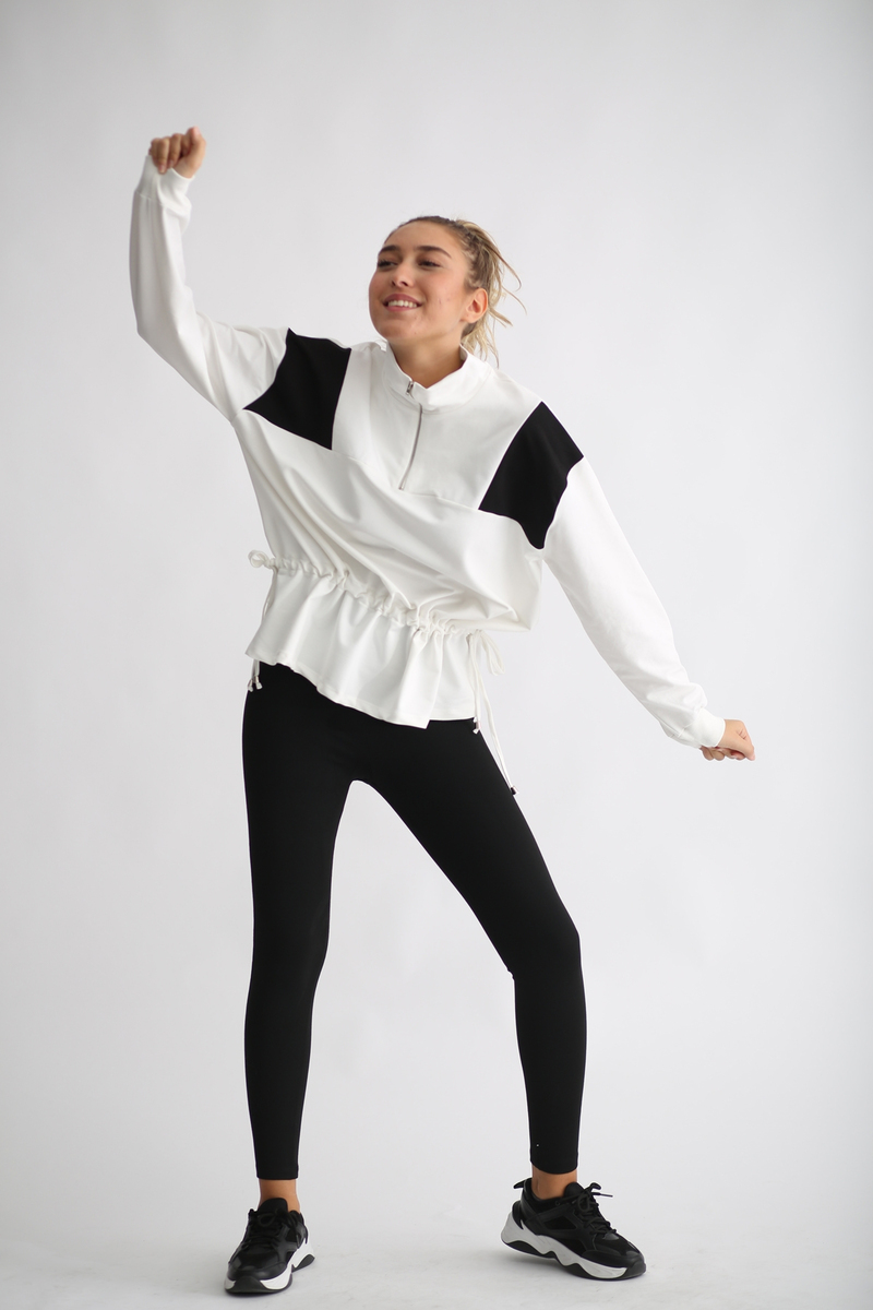 Ekru Beli Büzgülü Sweatshirt 25310