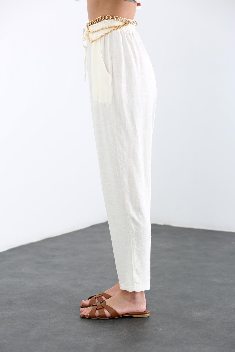 Ekru Beli Lastikli Keten Pantolon 1322