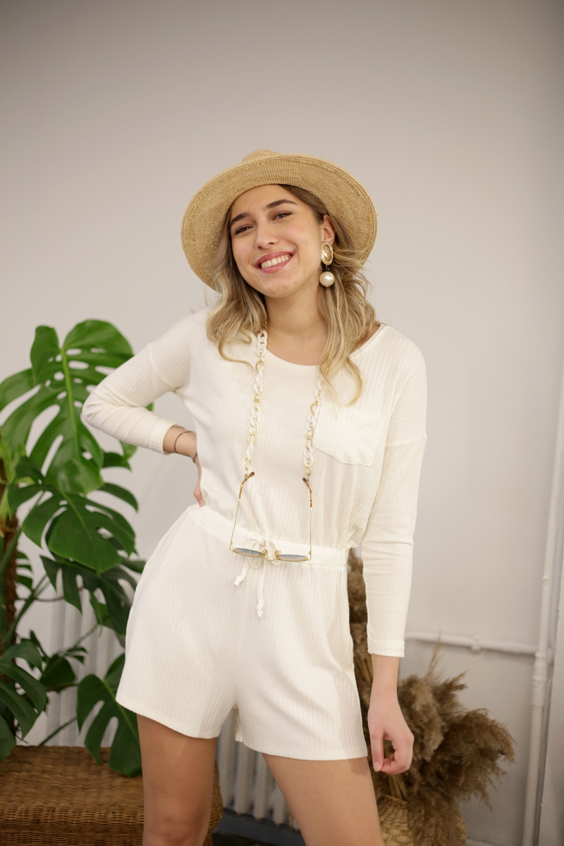 Ekru Beli Lastikli Şort Tulum 
