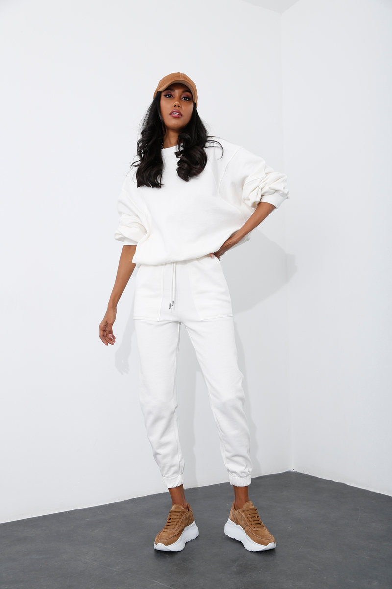 Ekru Beli Lastikli Sweatshirt 205