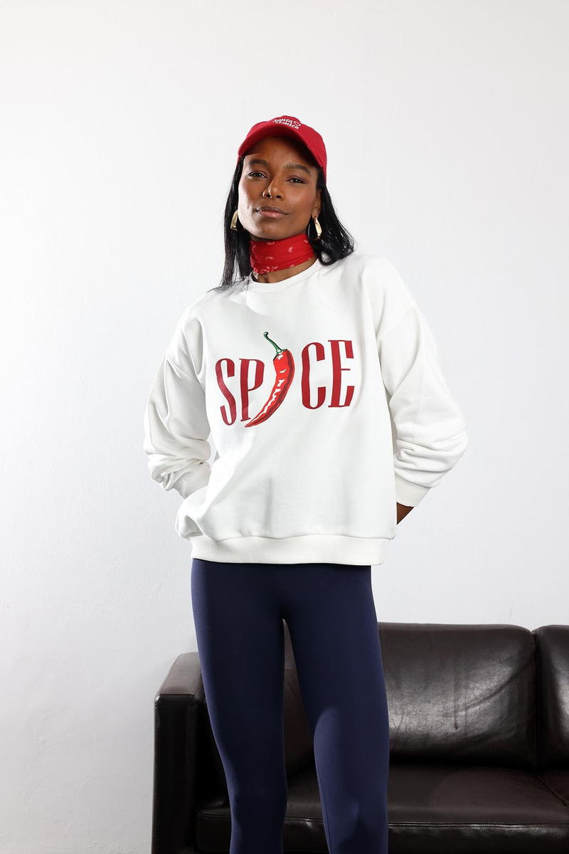 Ekru Biber Baskılı Oversize Sweatshirt 01734