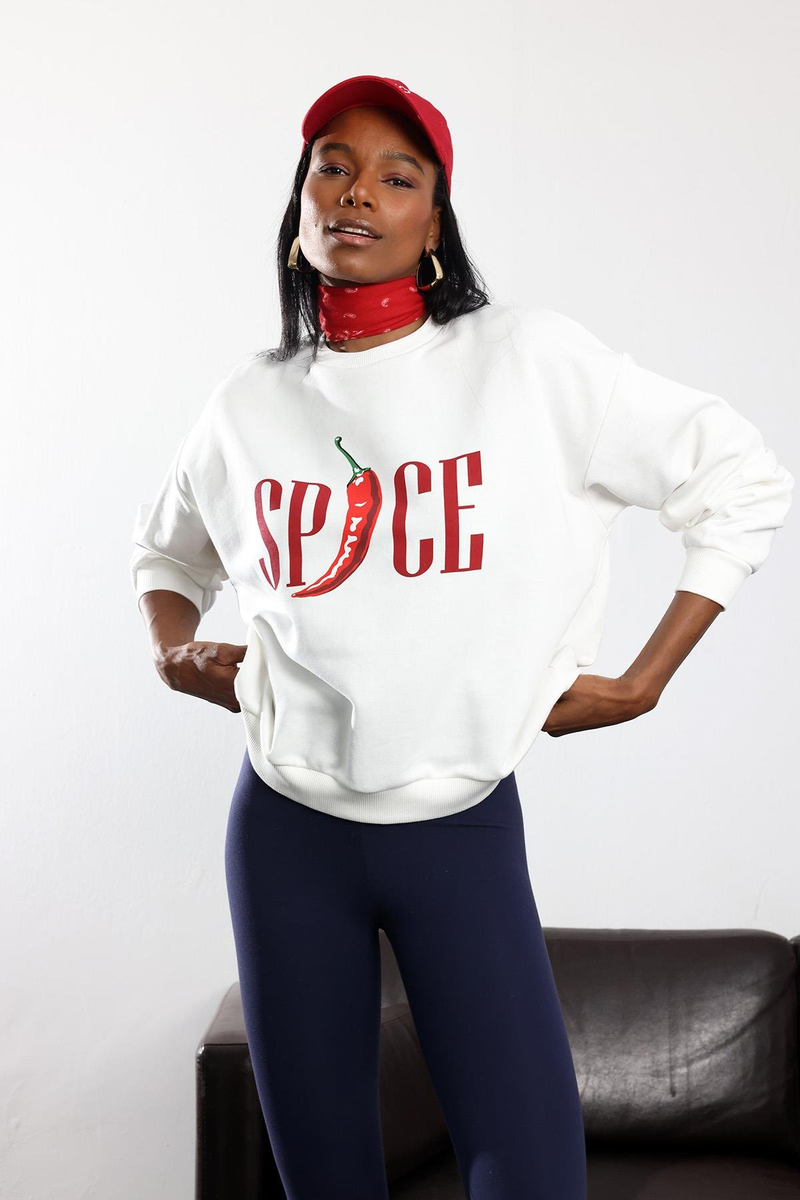 Ekru Biber Baskılı Oversize Sweatshirt 01734