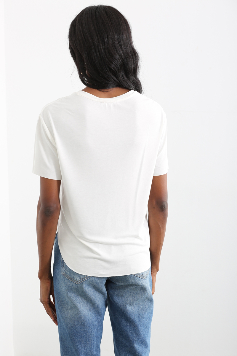 Ekru Bisiklet Yaka Basic Tshirt 