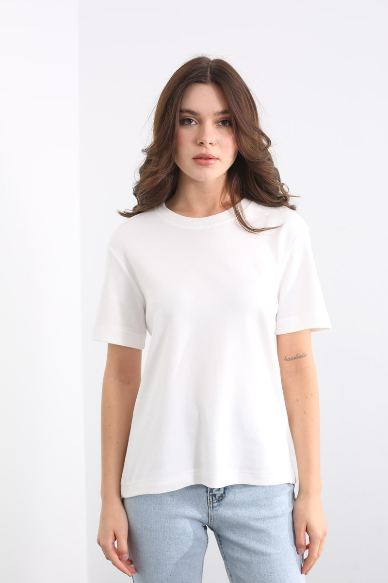 Ekru Bisiklet Yaka Basic Tshirt 19016