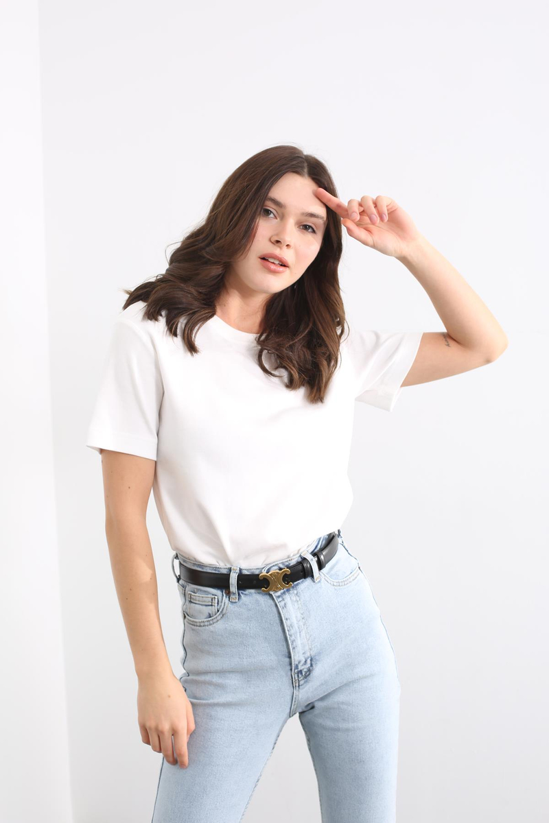 Ekru Bisiklet Yaka Basic Tshirt 19016