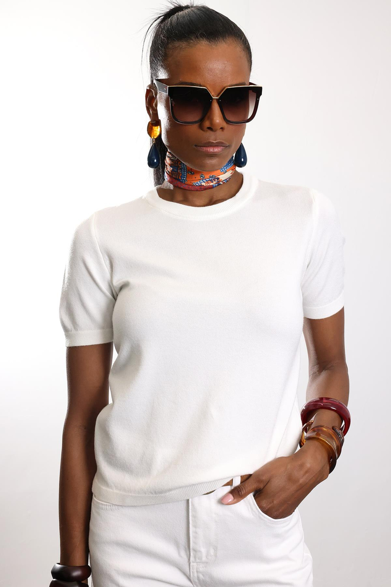 Ekru Bisiklet Yaka Kısa Kol Triko 4579