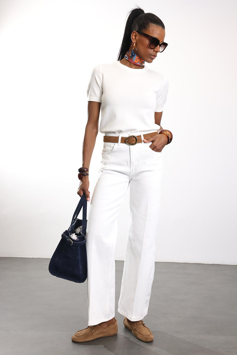 Ekru Bisiklet Yaka Kısa Kol Triko 4579